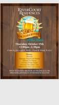 Image may contain: text that says 'RIVERCOURT RESIDENCES OKTOBERFEST atthe the River Thursday, October 15th 12:00pm -1:30pm Come by for quick Hello... .Food & Drink Το Go! Menu: Pretzels Sausage, Peppers & Onions Späetzle Cheese German Potato Salad German Chocolate Cake Oktoberfest Beer (of course) RSVP TO SANDY BECKER AT 978-448-4 22 OR SBECKER@RIVERCOURTRESIDENCES.COM'